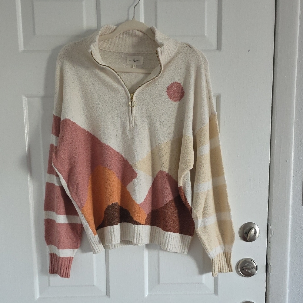 Lou & Grey Abstract Sunset Half-Zip Sweater - Cream, Pink & Orange